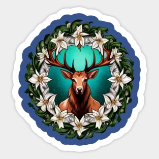 Elk Surrounded By A Wreath Of Sego Lily Tattoo Style Art Sticker